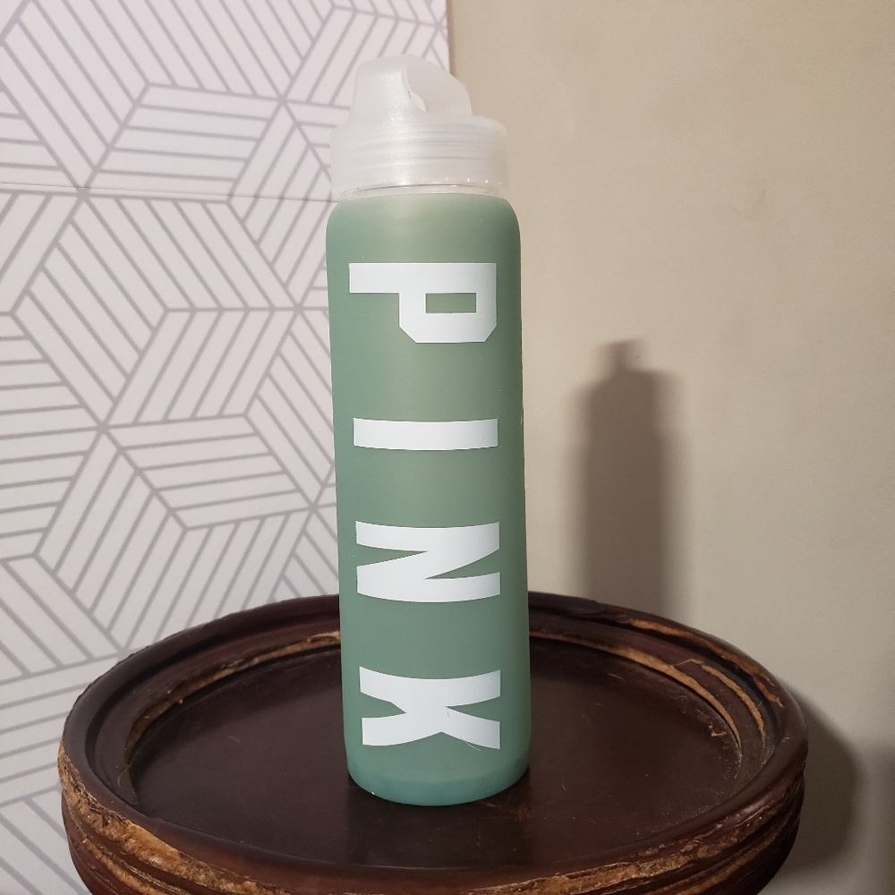 *FINAL SALE* PINK Victoria's Secret Glass Water Bottle w/ Blue Rubber Cover